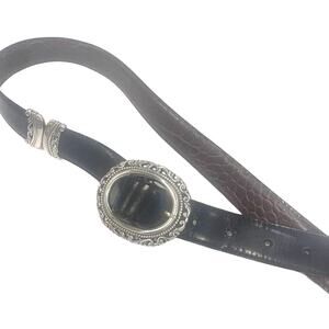 Womens Faux Alligator Belt Black Brown Embossed Round Buckle Reversible Silver